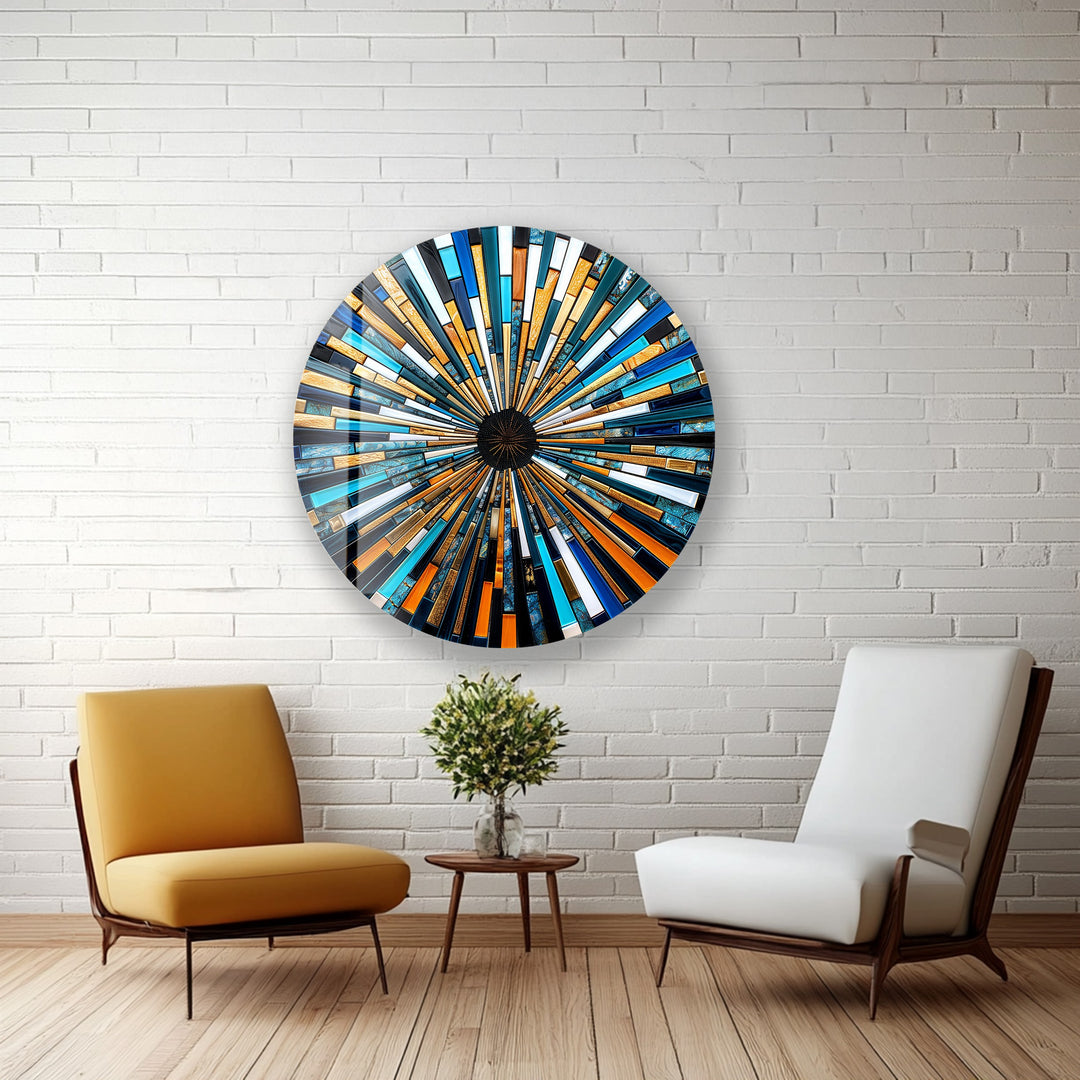 Solar Flare – Blue and Gold Geometric Mosaic Round Glass Wall Art