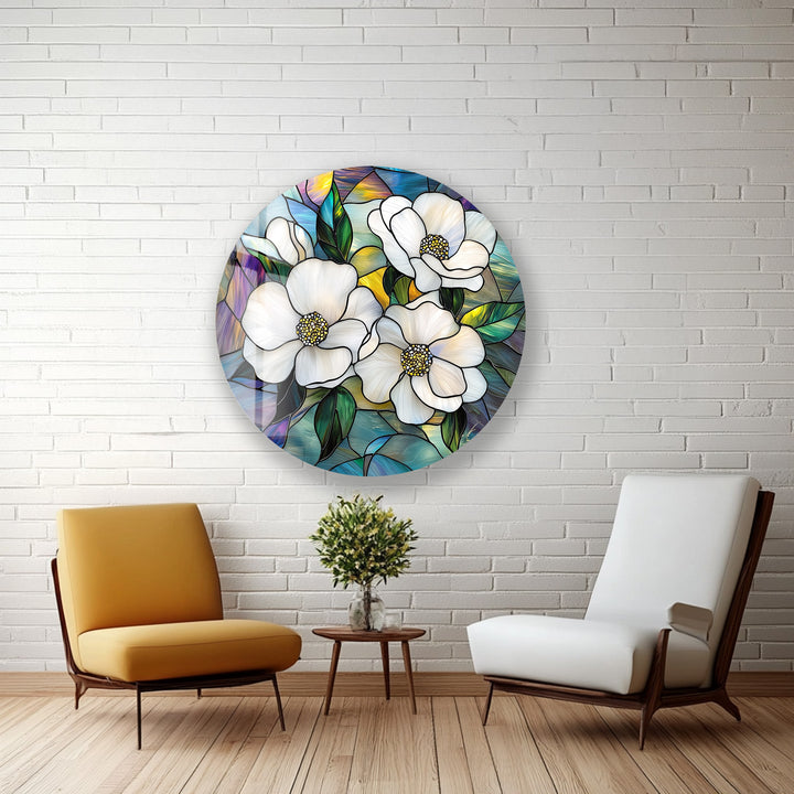 Ivory Bloom Harmony – Round Glass Wall Art