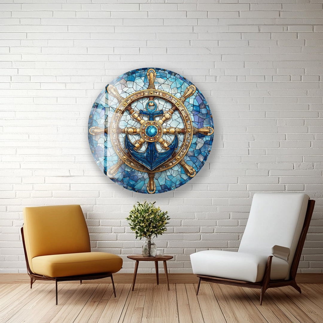 Nautical Helm & Anchor – Round Glass Wall Art
