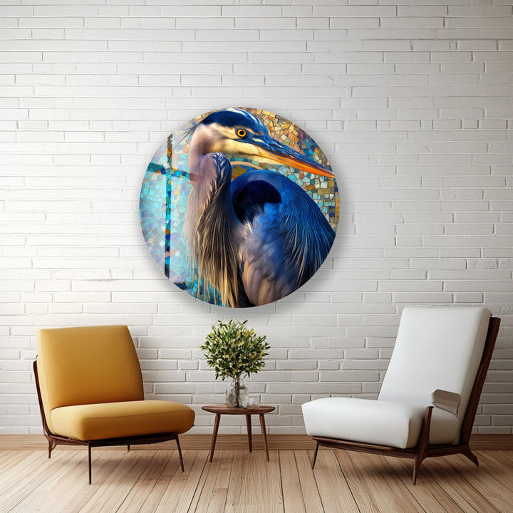 Azure Watchful Heron – Round Glass Wall Art