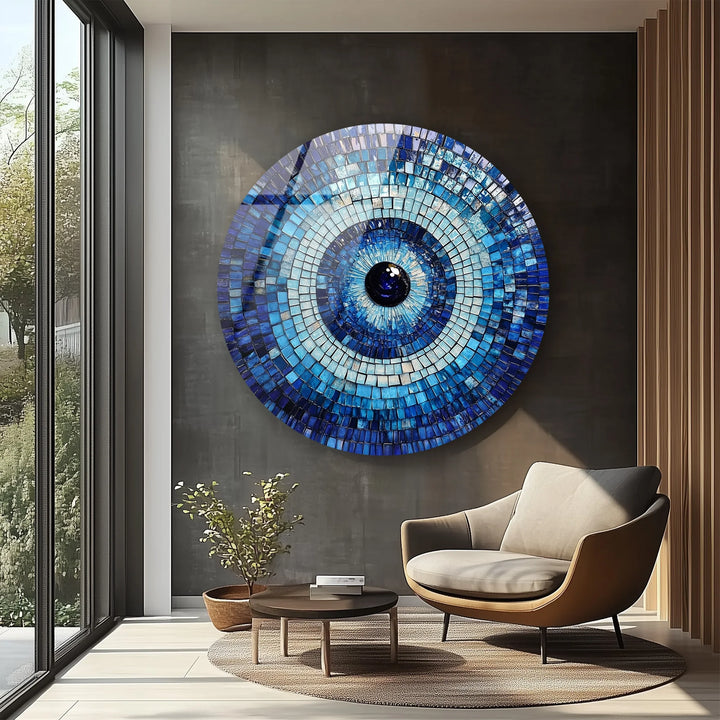 Blue Mosaic Evil Eye – Round Glass Wall Art - MyPhotoStation