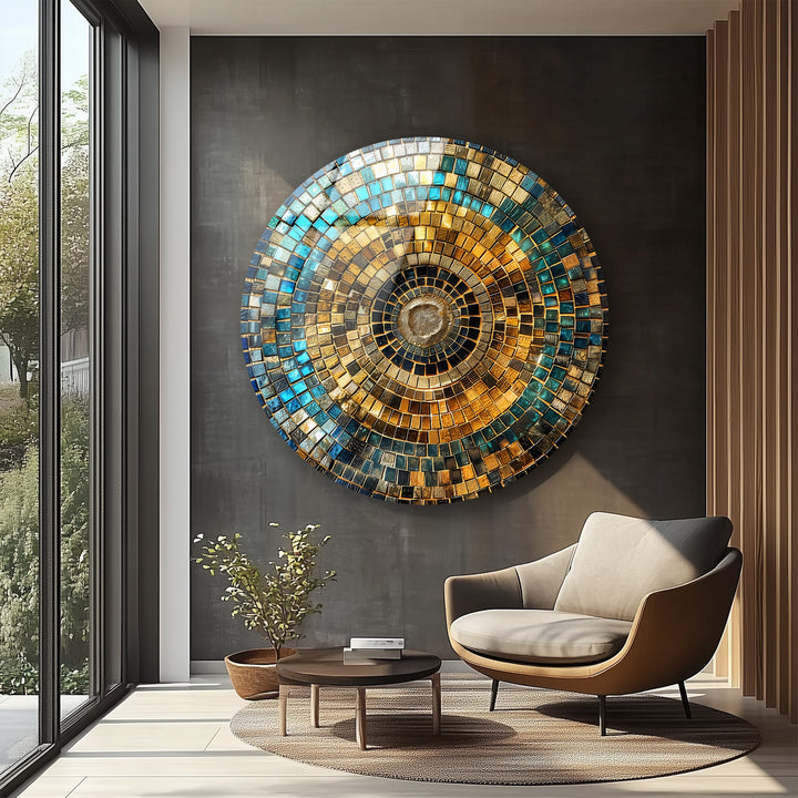 Radiant golden mosaic circle glass wall décor for living rooms