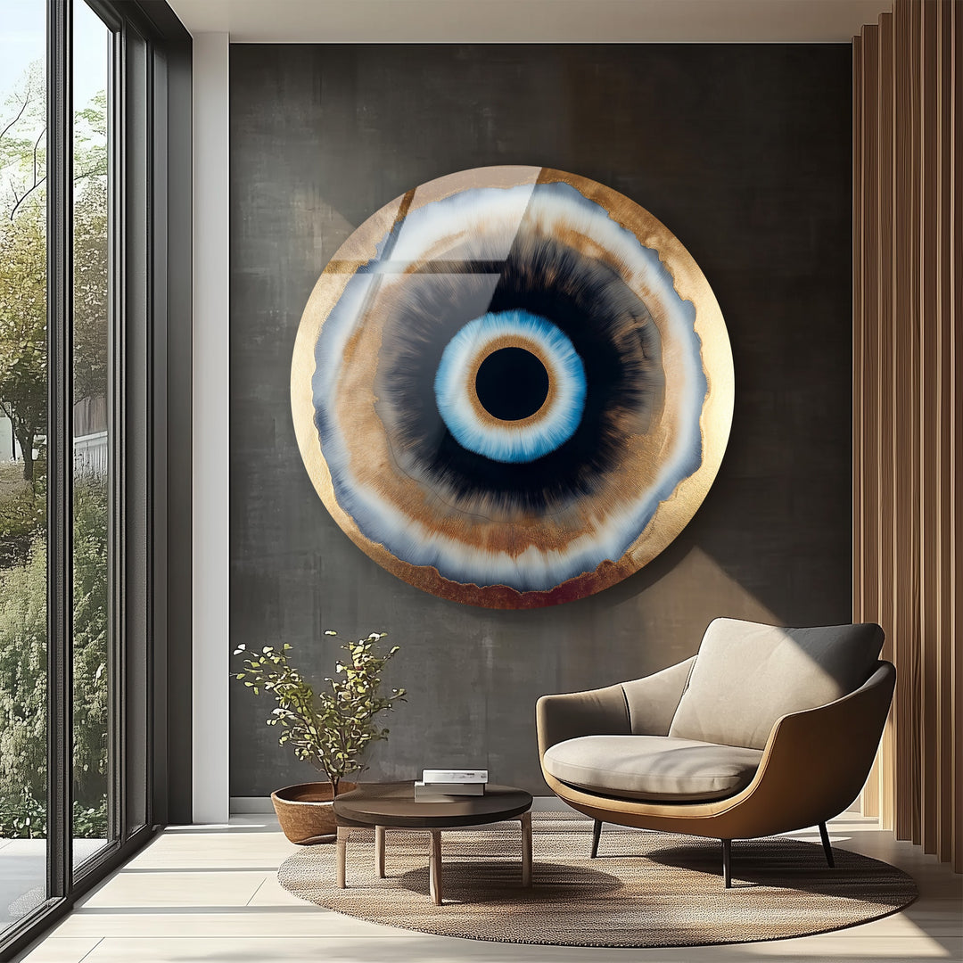 Golden Aura Eye – Modern Abstract Round Glass Wall Art