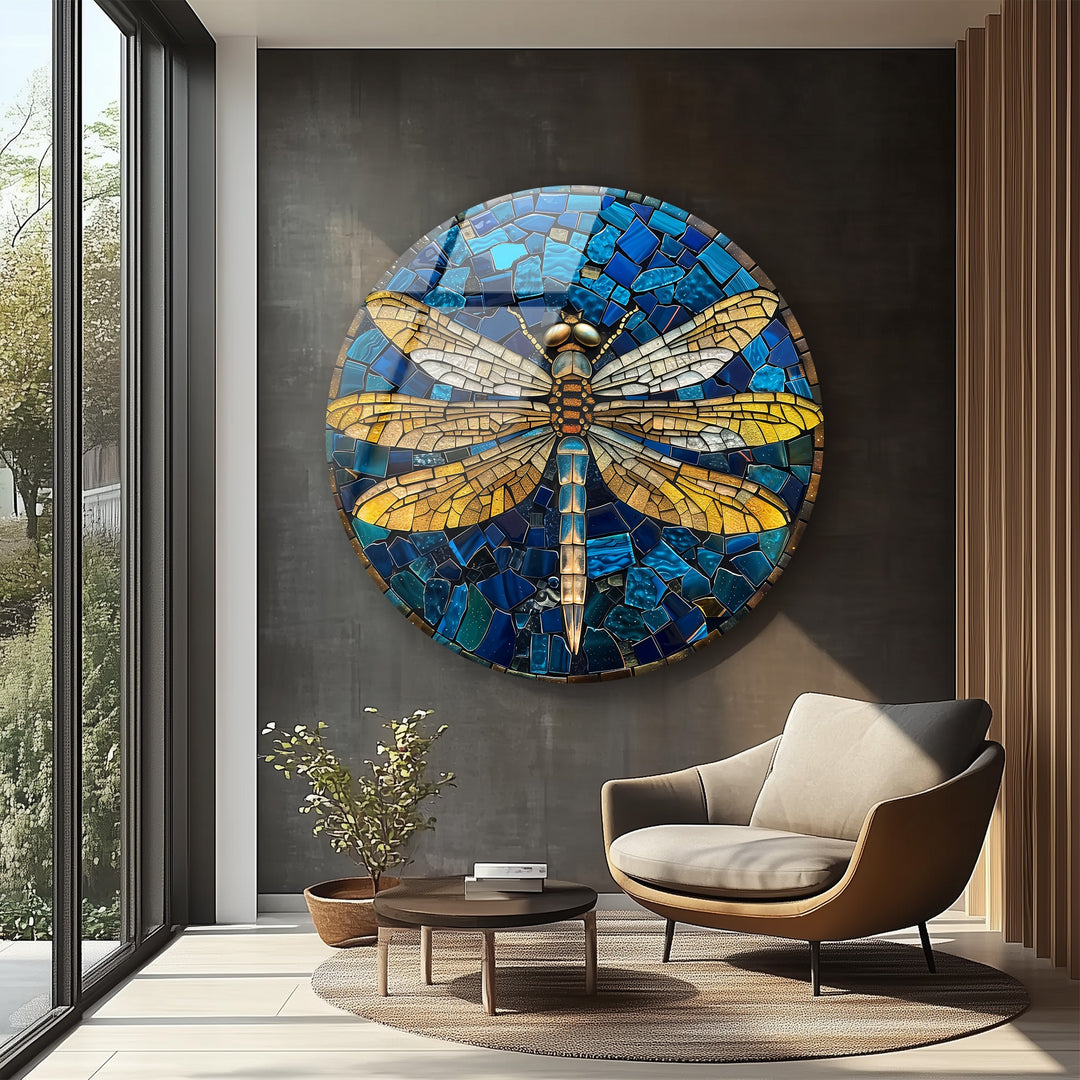 Golden Dragonfly – Blue Mosaic Round Glass Wall Art