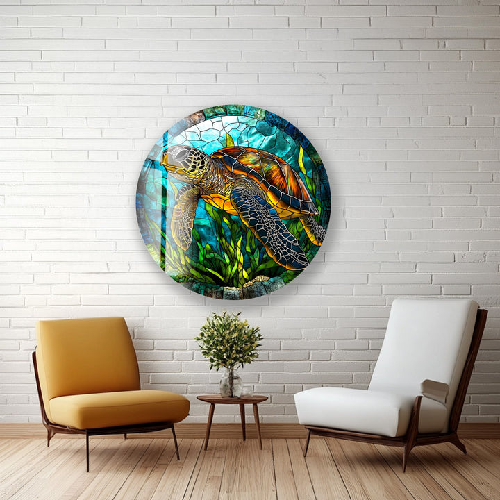 Sea Turtle Stained – Round Glass Wall Art