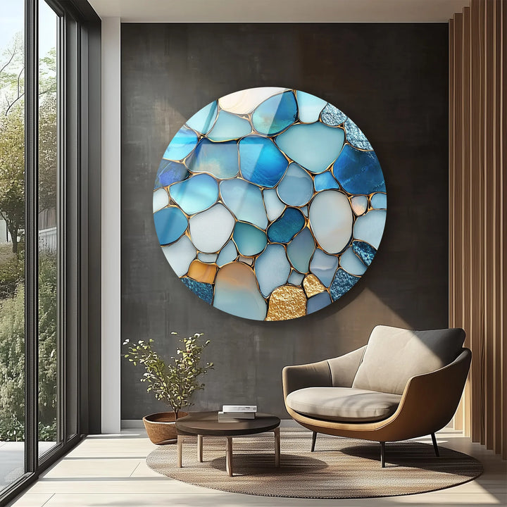 Ocean Blue Stone Mosaic Round Glass Wall Art - MyPhotoStation
