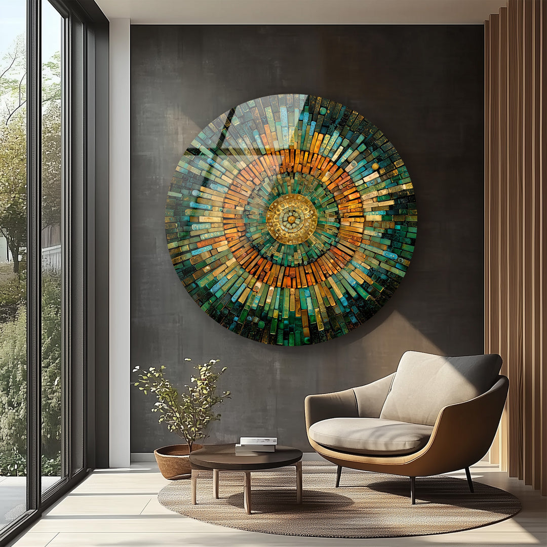 Golden Horizon – Emerald & Amber Mosaic Round Glass Wall Art