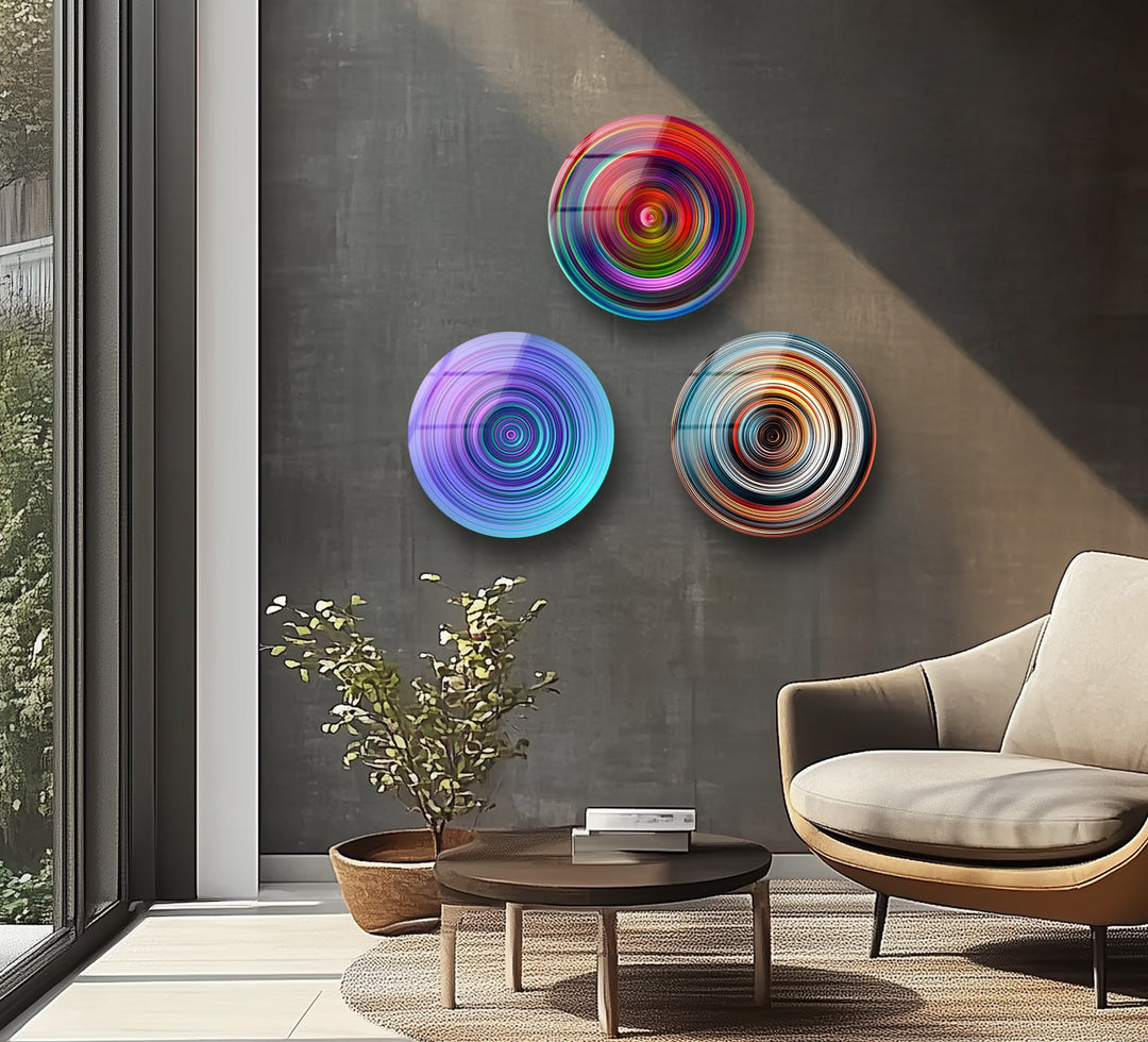 Vibrant Spiral Round Glass Wall Art Set – Modern Abstract Color Decor