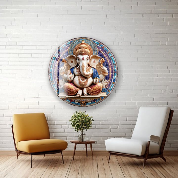 Divine Ganesha Mosaic – Round Glass Wall Art