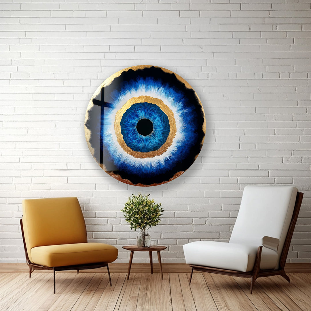 Golden Aura – Blue Eye Round Glass Wall Art