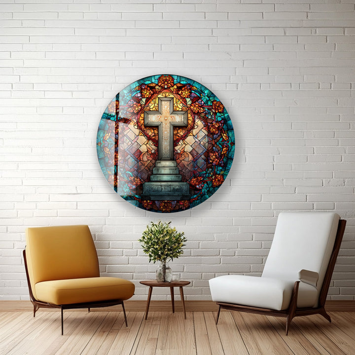 Golden Petal Harmony – Round Glass Wall Art