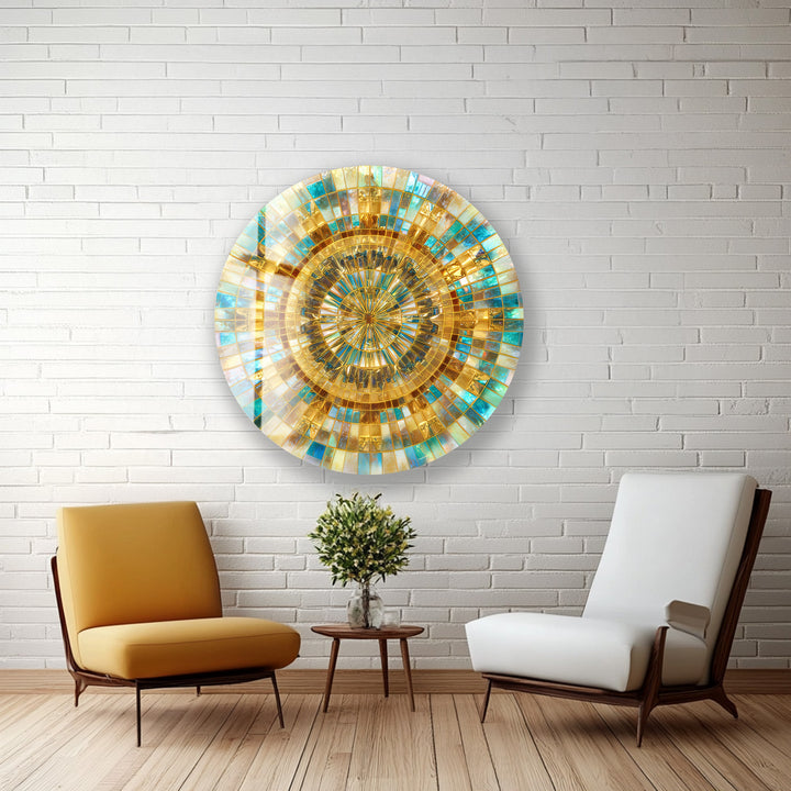 Radiant Gold and Aqua – Mandala Round Glass Wall Art