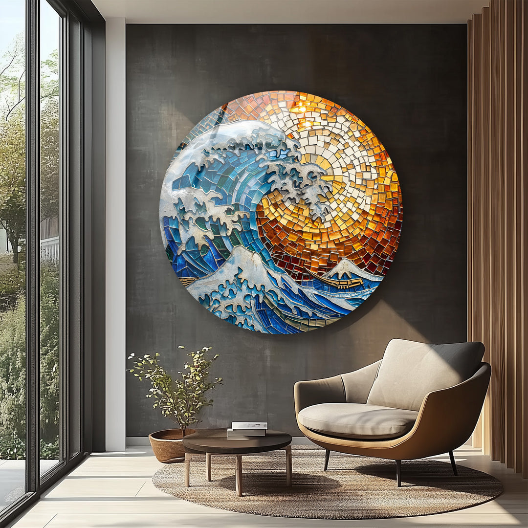 Golden Wave – Mosaic Ocean Round Glass Wall Art