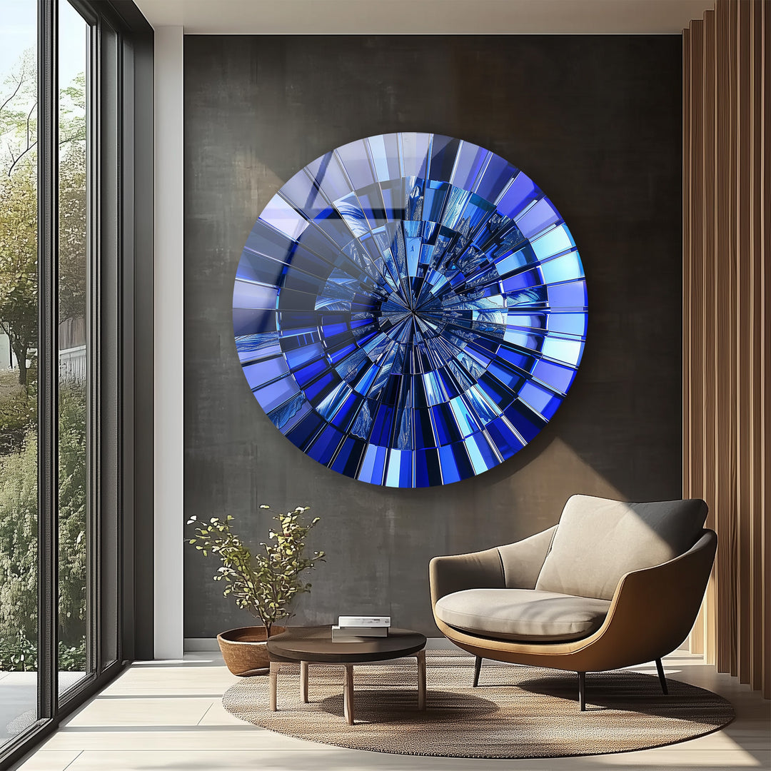 Midnight Radiance – Deep Blue Reflective Round Glass Wall Art