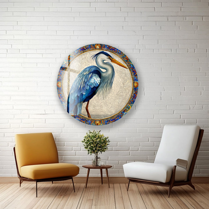 Regal Blue Heron – Round Glass Wall Art