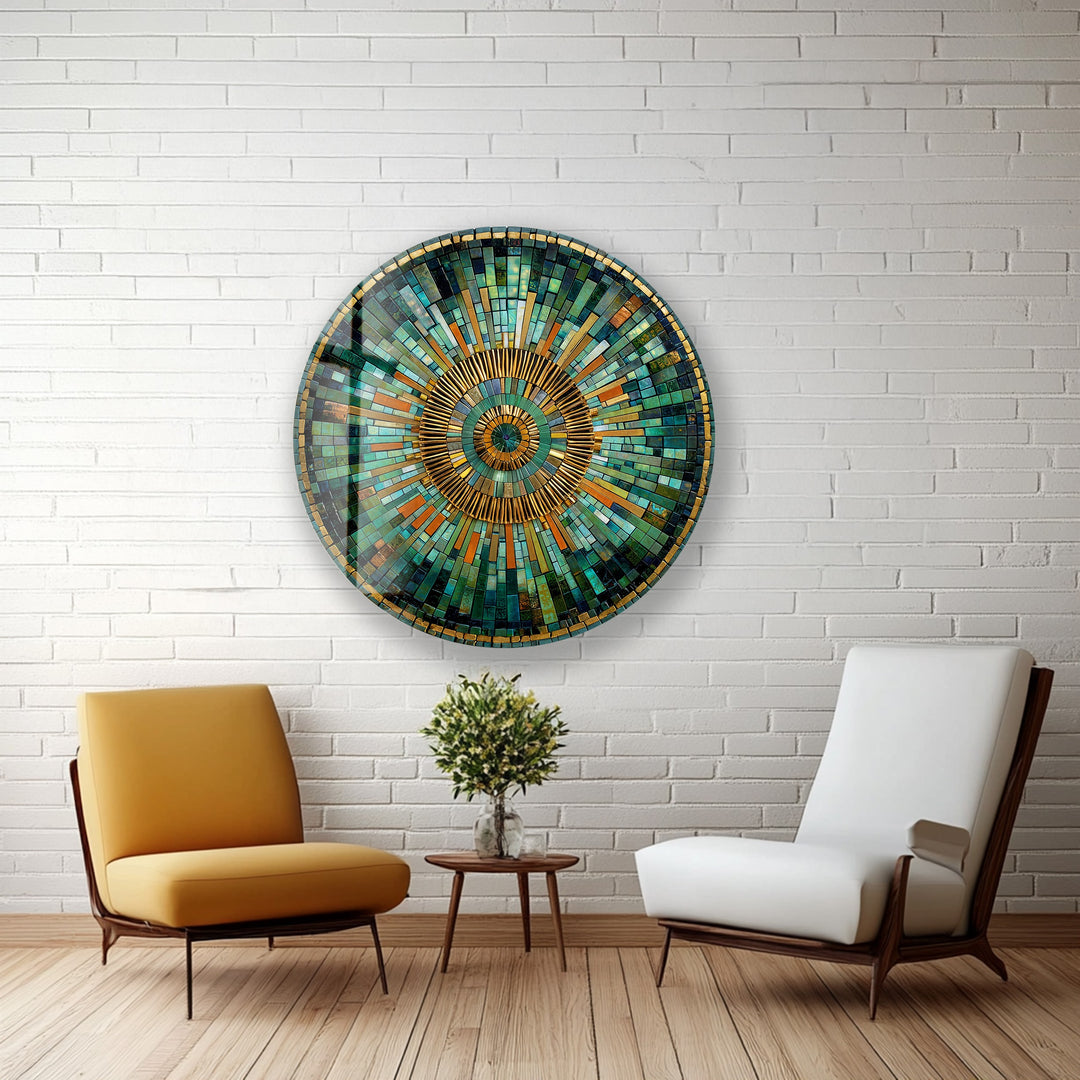 Golden Horizon – Emerald and Amber Mosaic Round Glass Wall Art