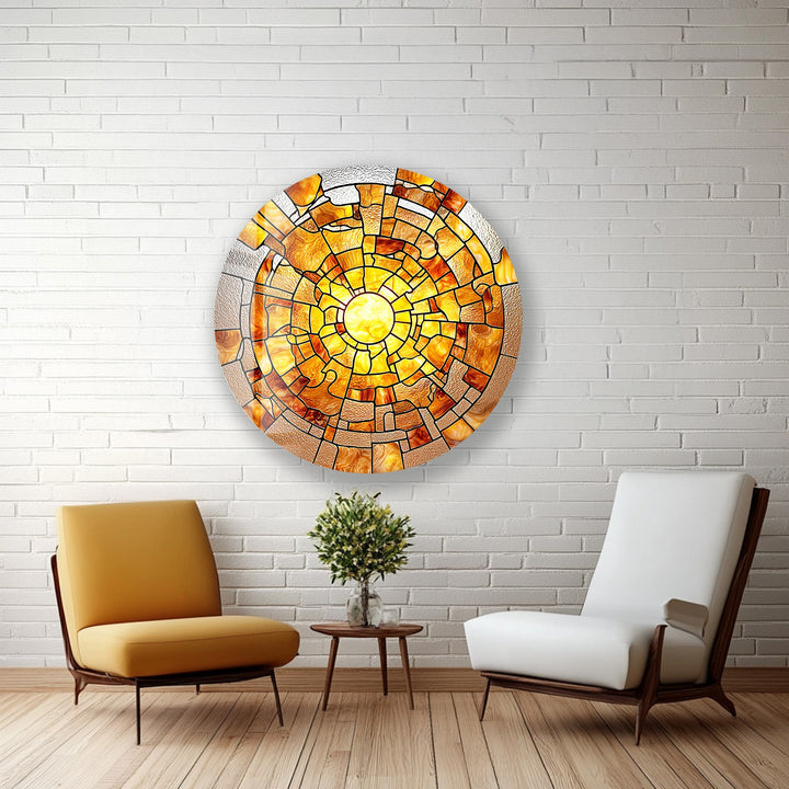 Amber Solar Burst – Round Glass Wall Art