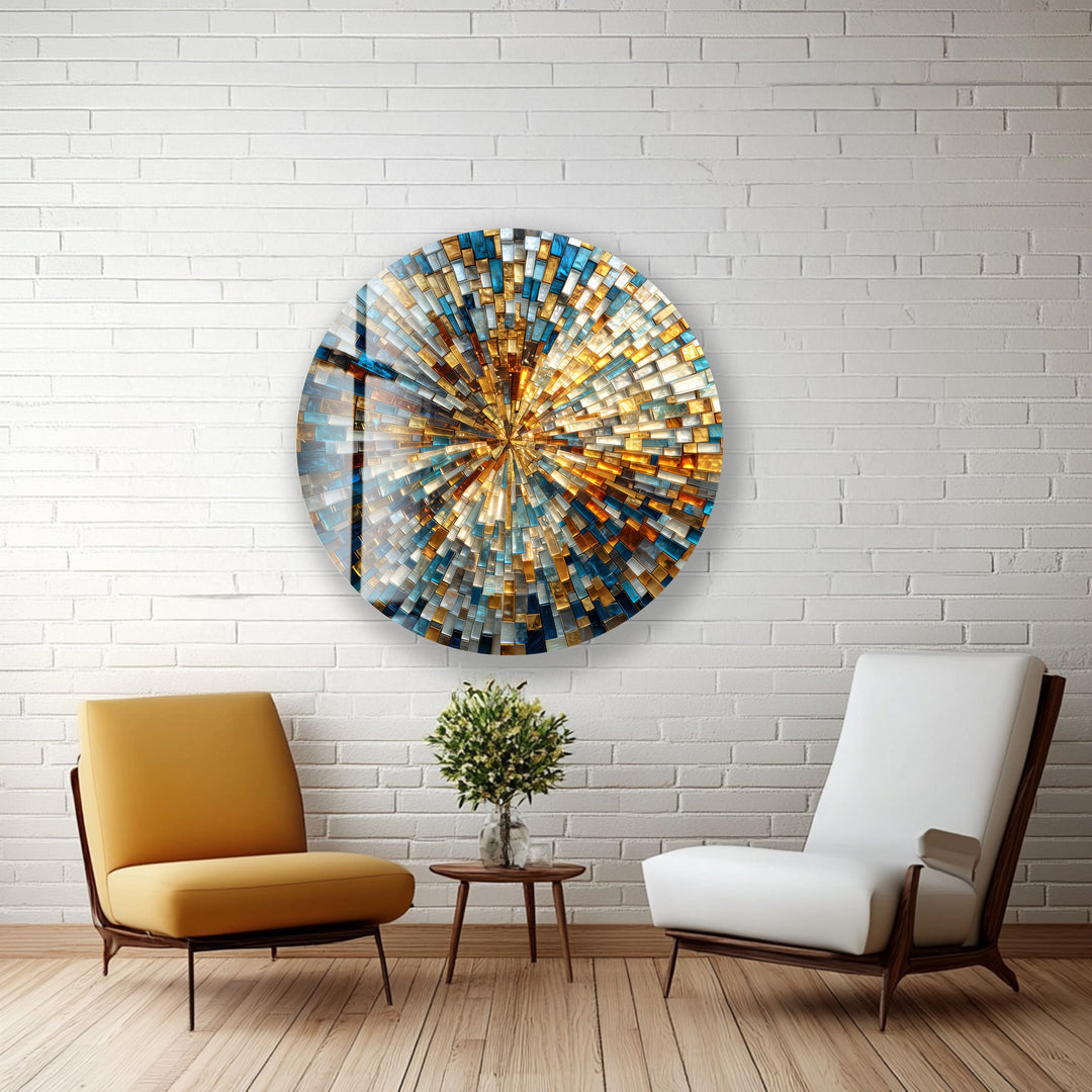 Golden Radiance Spiral  – Round Glass Wall Art