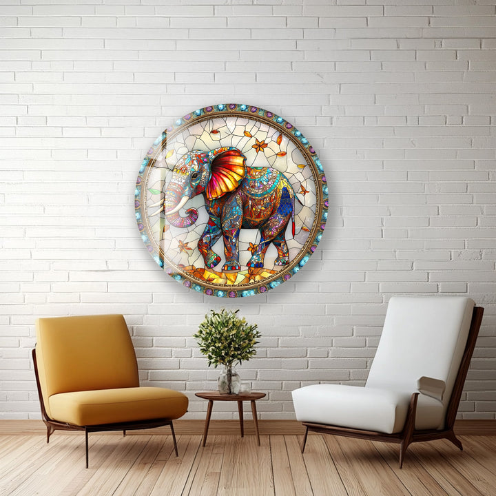 Majestic Mosaic Elephant – Round Glass Wall Art