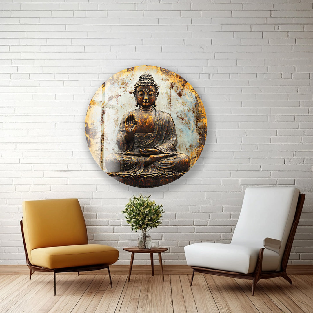 Rustic Buddha Calm – Round Glass Wall Art