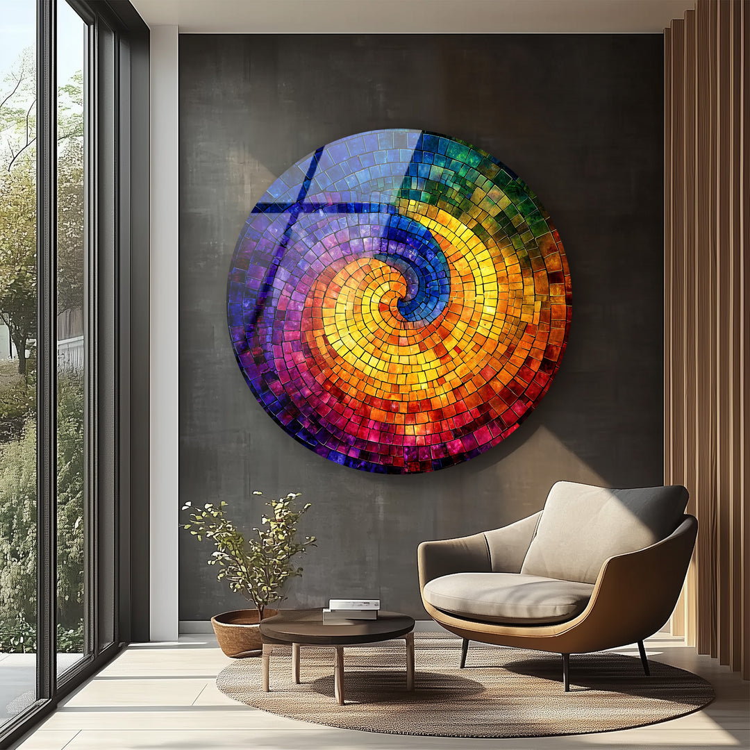Chromatic Spiral – Vibrant Abstract Mosaic Round Glass Wall Art