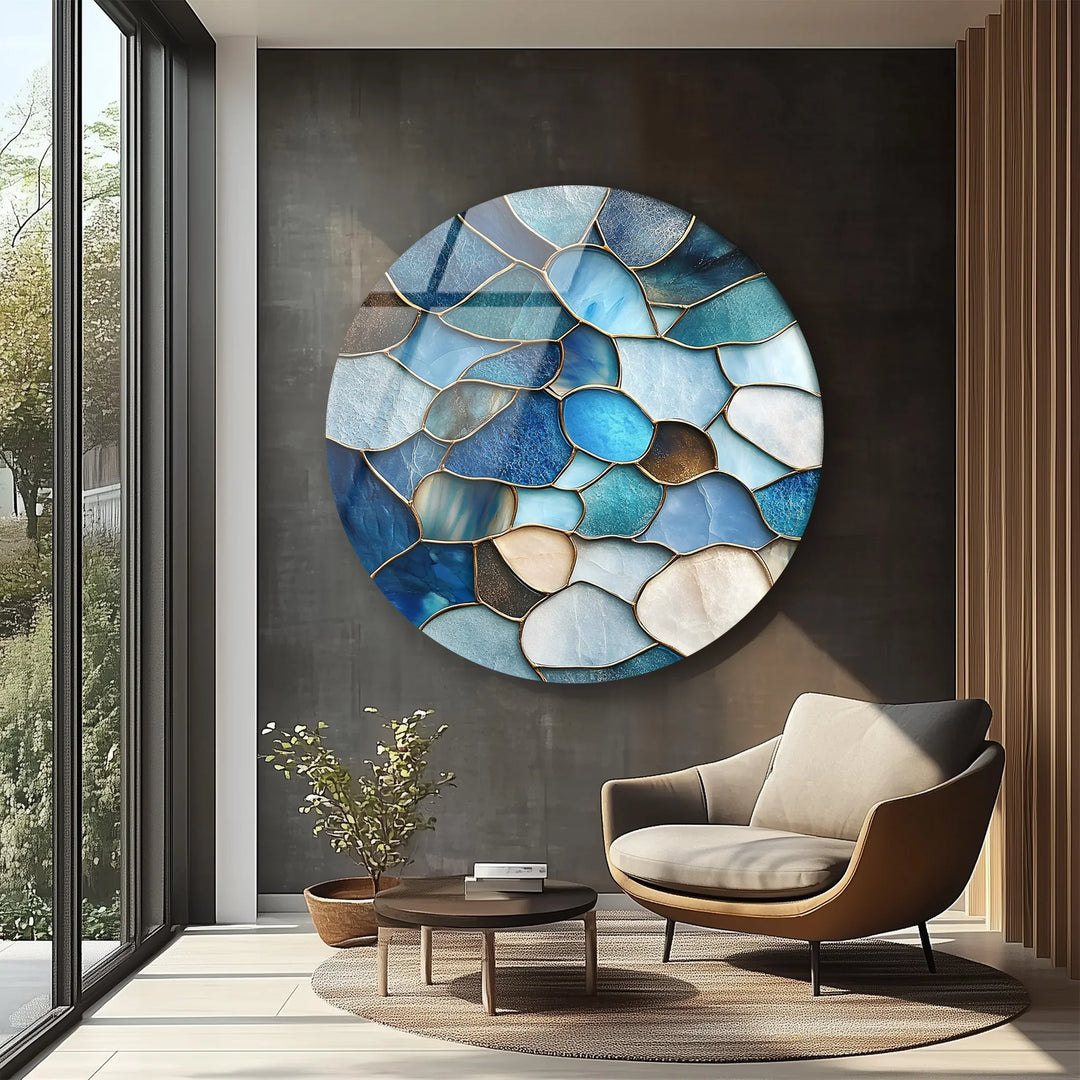 Coastal Blue Stone Mosaic Round Glass Wall Art - MyPhotoStation