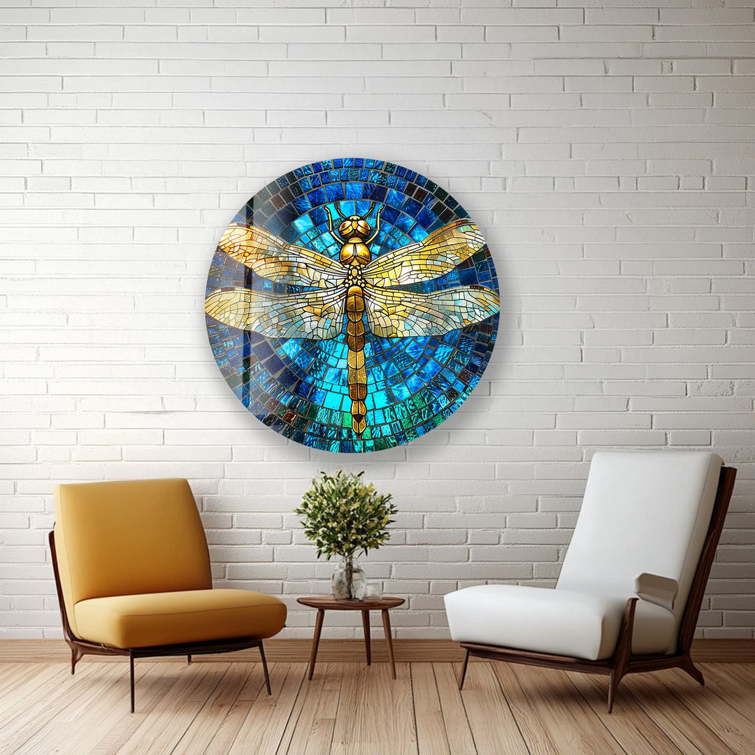 Golden Serenity – Dragonfly Mosaic Round Glass Wall Art