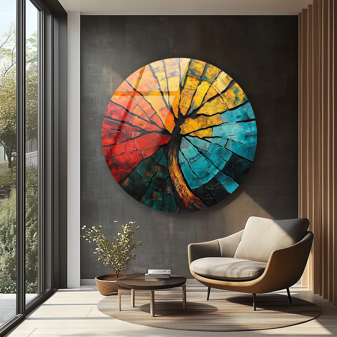 Elemental Fusion – Fiery Abstract Tree Round Glass Wall Art