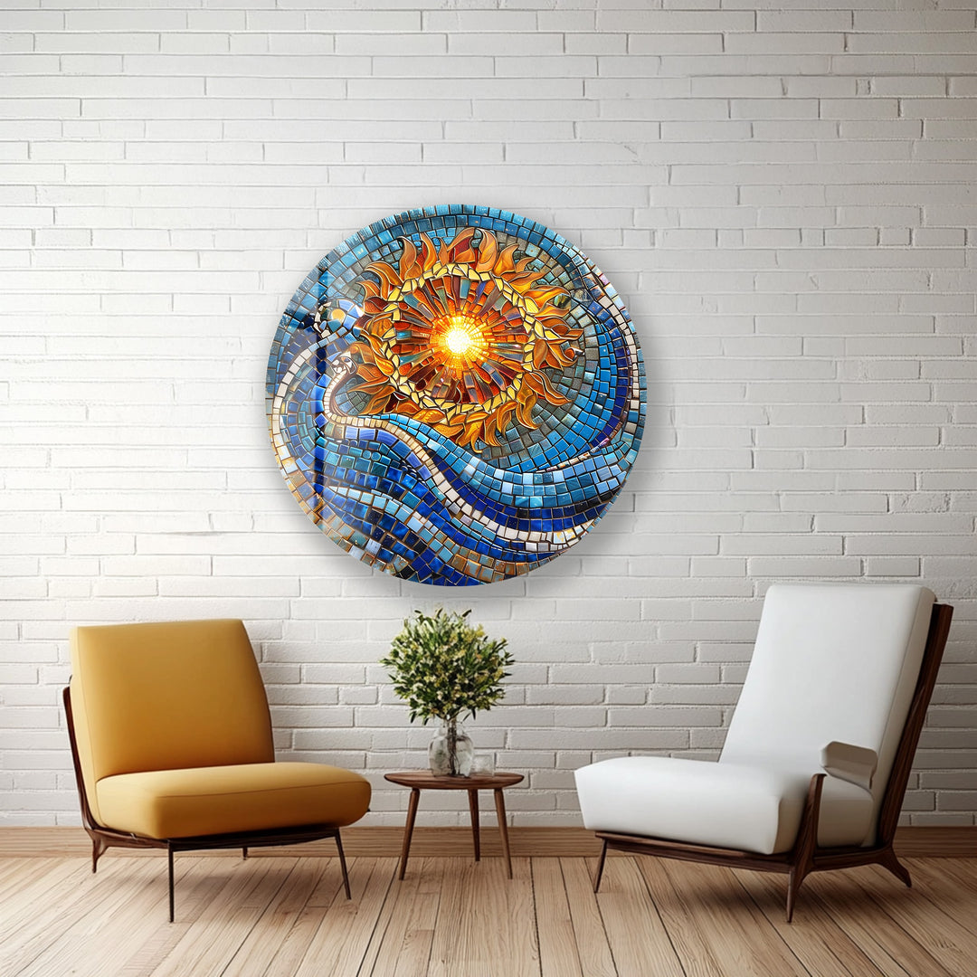 Solar Flow – Blue and Gold Mosaic Round Glass Wall Art