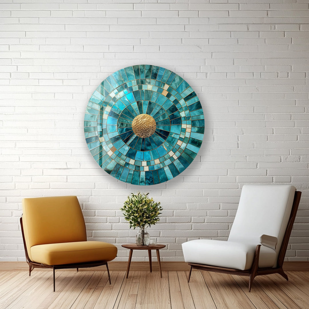 Golden Core – Turquoise Radiance Round Glass Wall Art