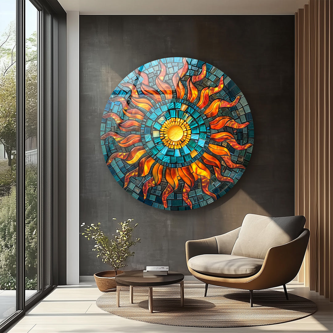 Solar Radiance – Sunburst Mosaic Round Glass Wall Art