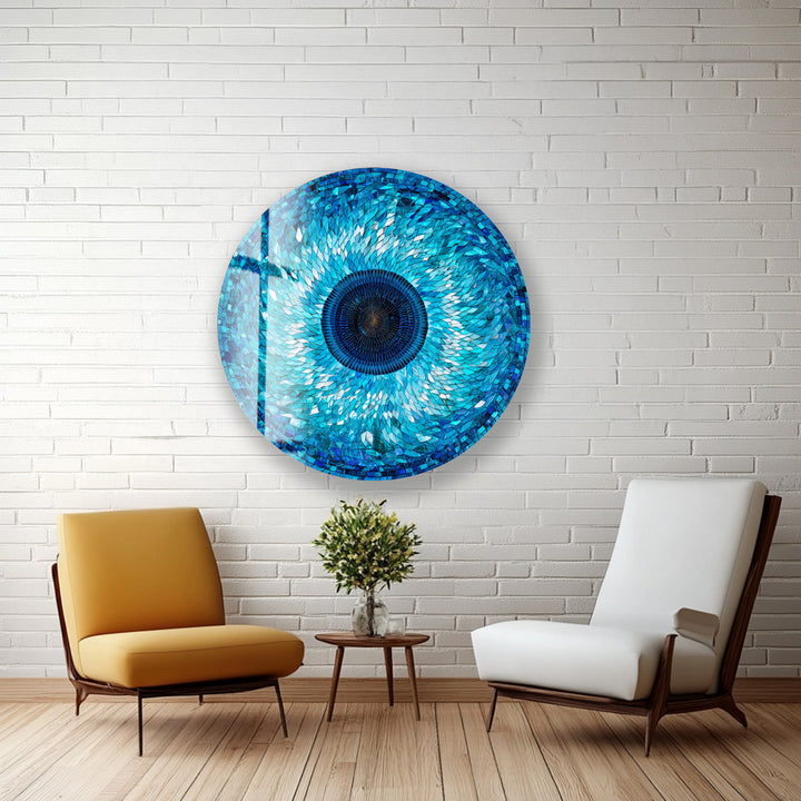 Sapphire Mosaic Evil Eye – Round Glass Wall Art