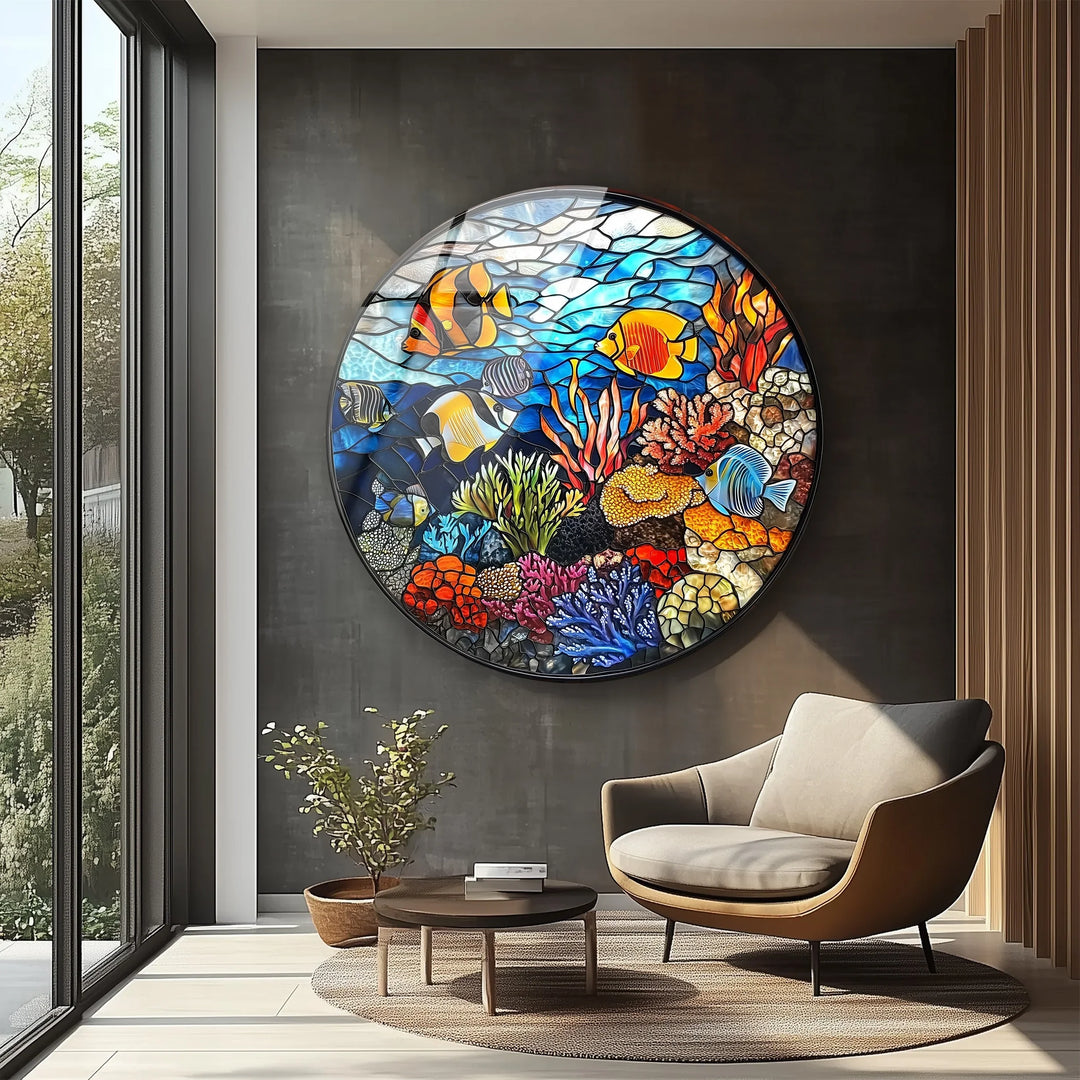 Coral Reef Mosaic Round Glass Wall Art - MyPhotoStation