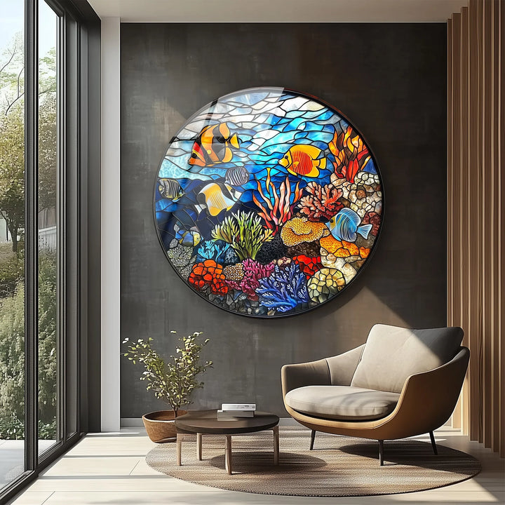 Coral Reef Mosaic Round Glass Wall Art - MyPhotoStation
