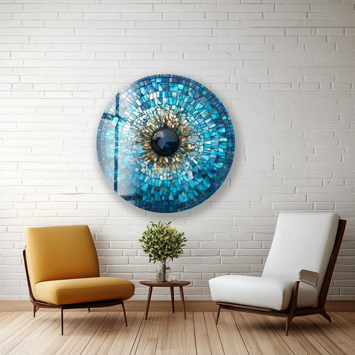 Golden Blue Mosaic Evil Eye – Round Glass Wall Art