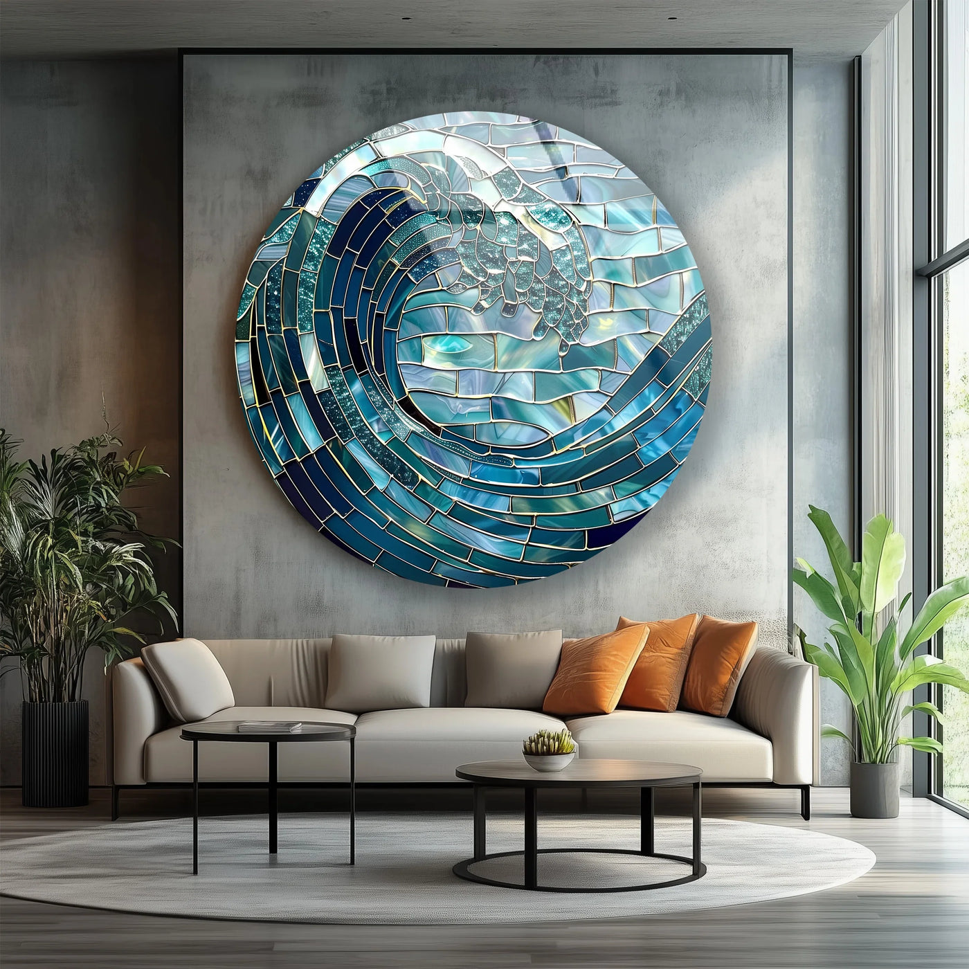 Brightest shimmering turquoise crests and froth highlight the round Ocean Wave in Blue Mosaic, a vibrant piece of glass wall artwork adding color and movement.