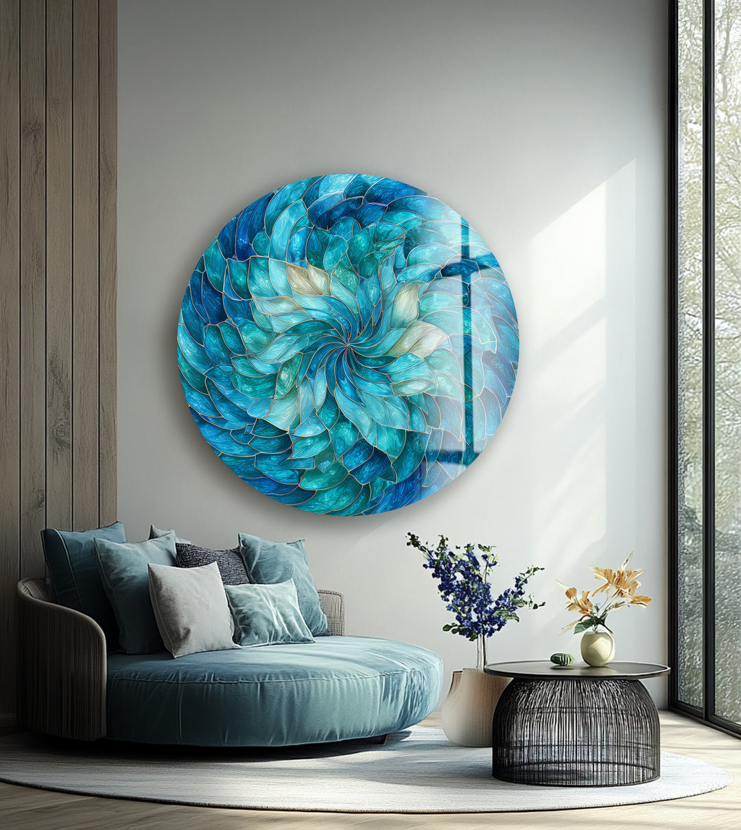Ocean Bloom Spiral – Round Glass Wall Art
