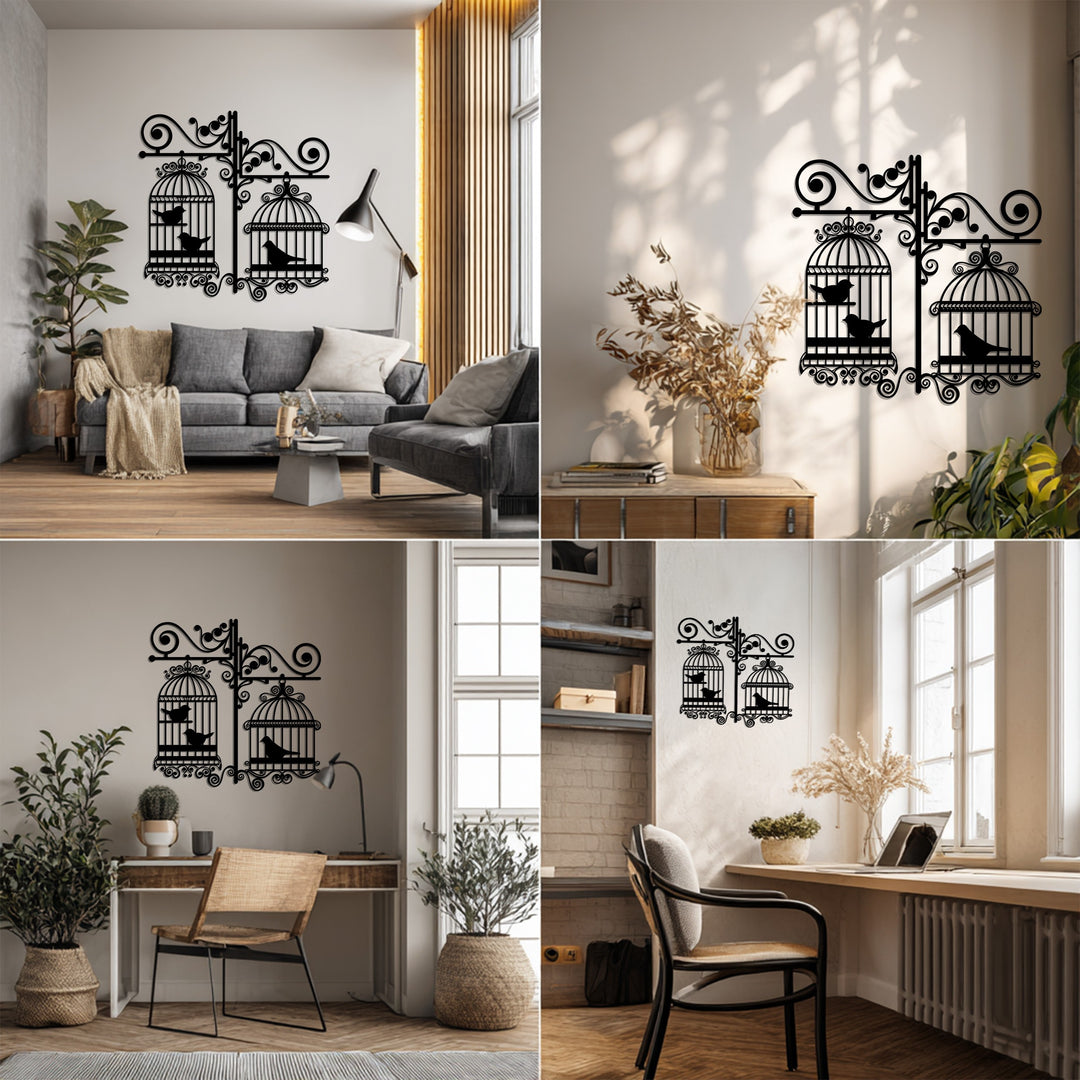 طيور مغردة من العصر الفيكتوري – قفص طيور مزخرف فن جداري معدني