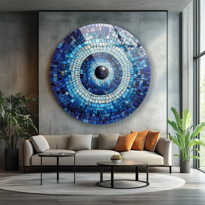Blue Mosaic Evil Eye – Round Glass Wall Art - MyPhotoStation