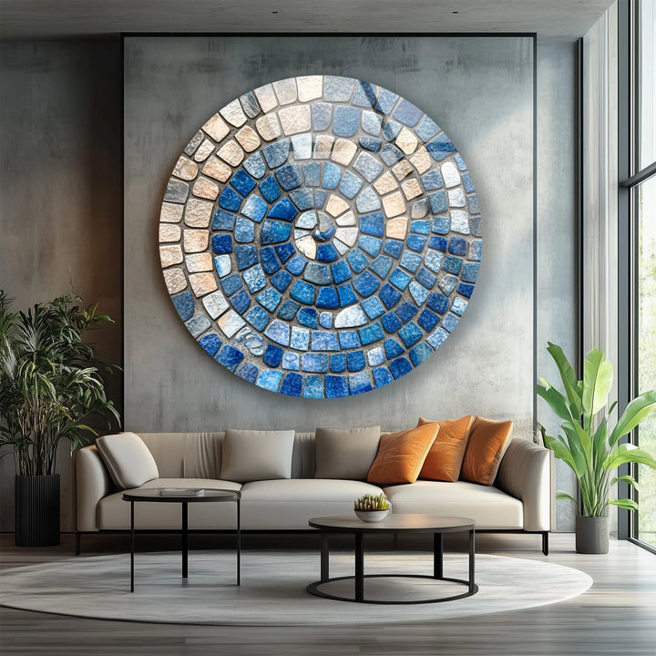Ocean Spiral Mosaic – Blue and Sand Round Glass Wall Art - MyPhotoStation