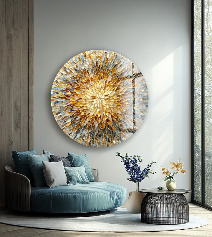 Shimmering Mosaic Petals – Round Glass Wall Art
