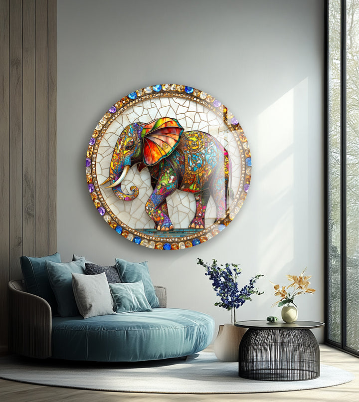 Regal Mosaic Elephant – Round Glass Wall Art