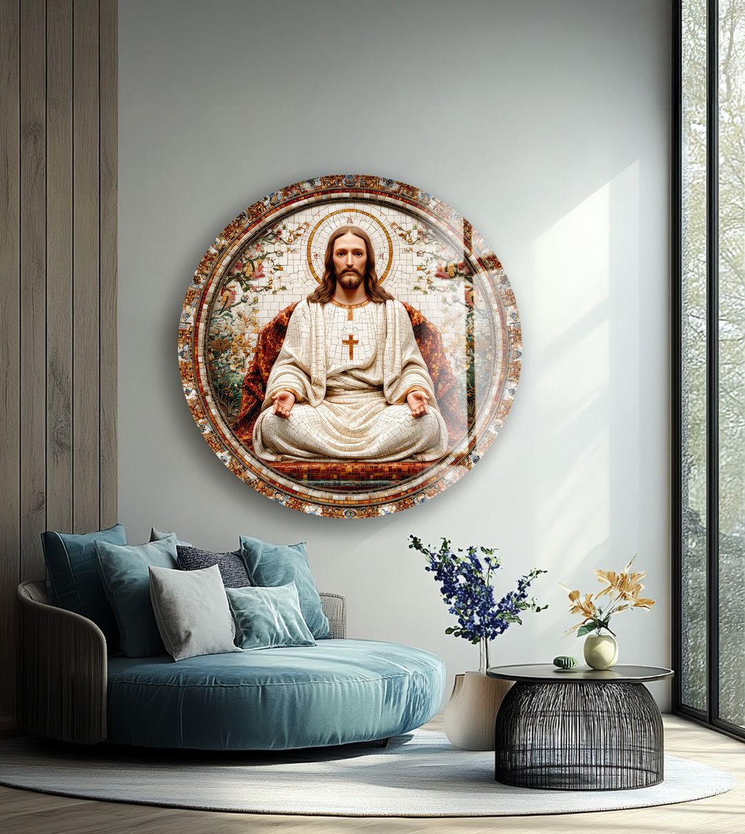 Christ the Redeemer in Ivory – Mosaic Round Glass Wall Art