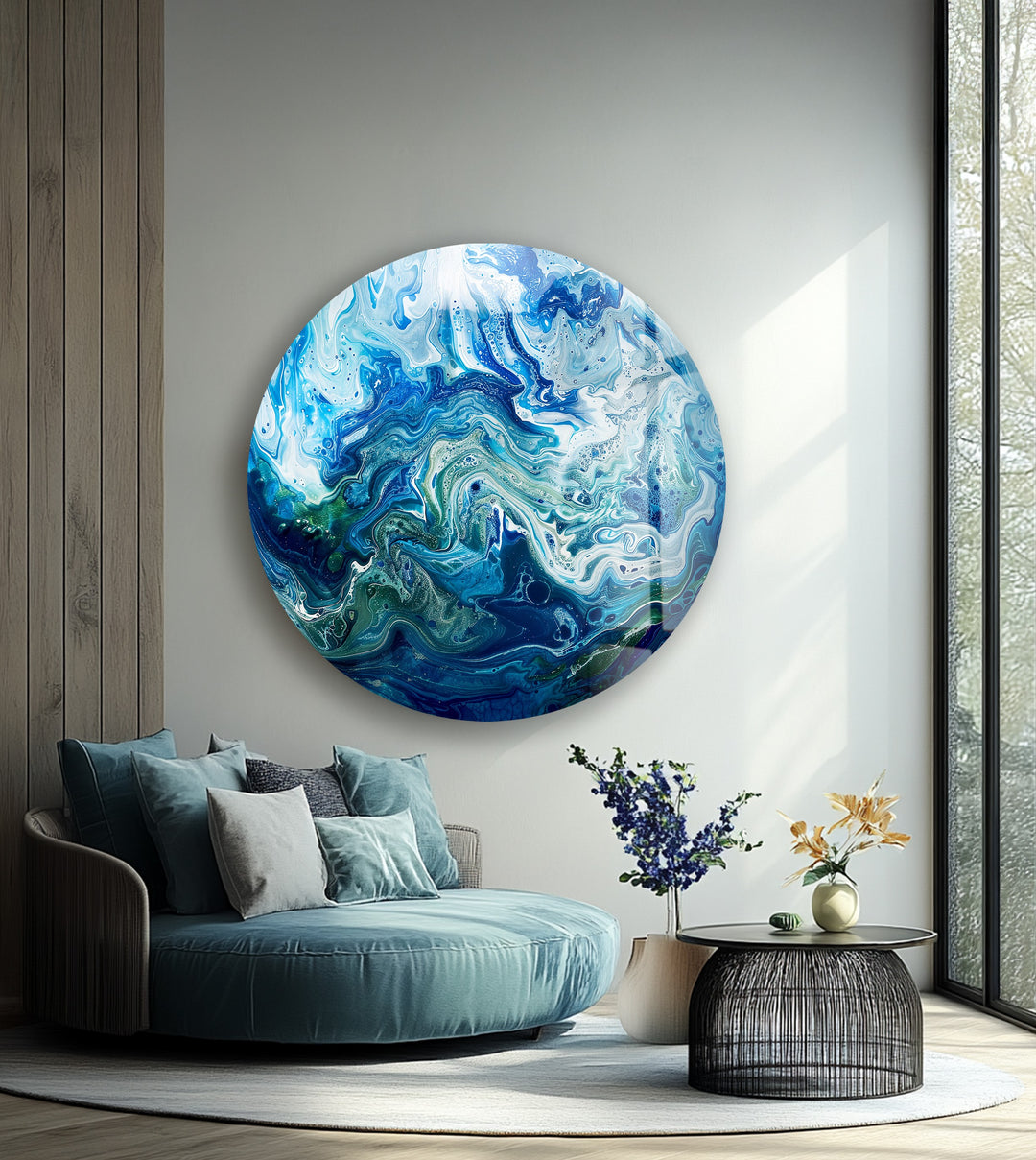 Fluid blue and white glass wall décor