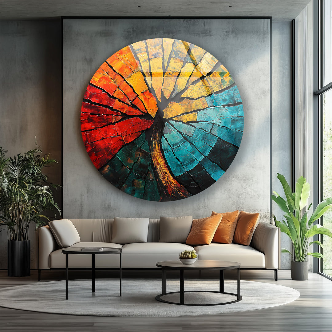 Elemental Fusion – Fiery Abstract Tree Round Glass Wall Art