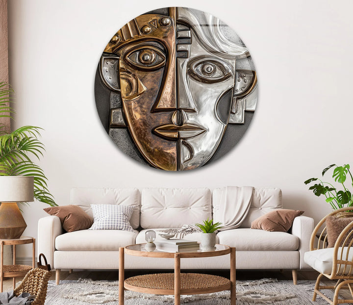 Dual Tone Abstract Face – Metallic Cubist Round Glass Wall Art - MyPhotoStation