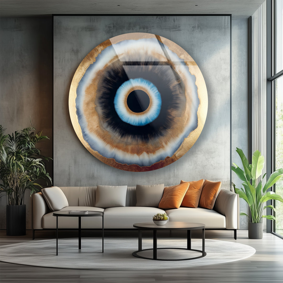 Golden Aura Eye – Modern Abstract Round Glass Wall Art