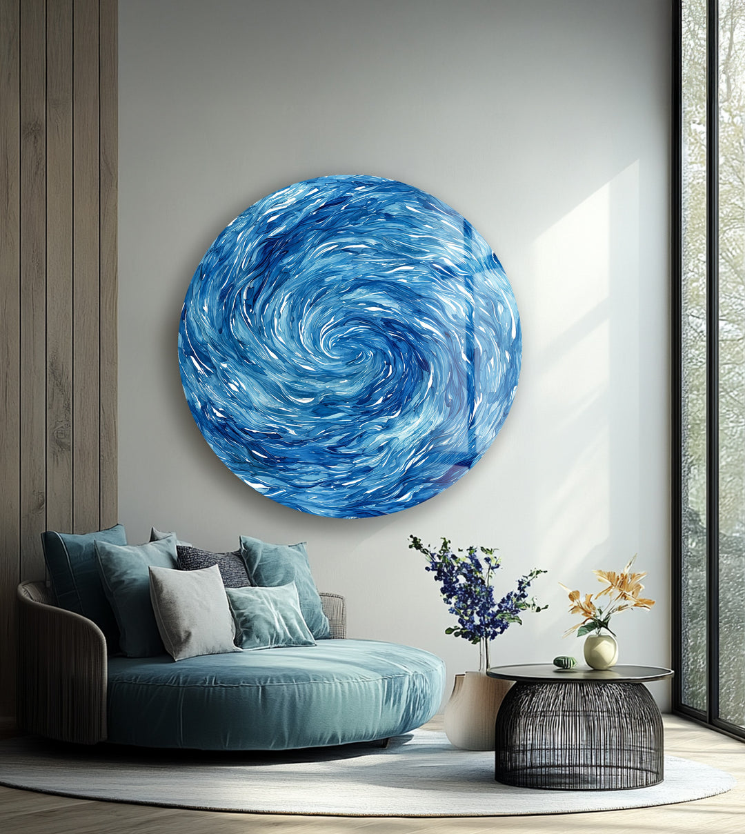 Oceanic Spiral Surge – Round Glass Wall Art
