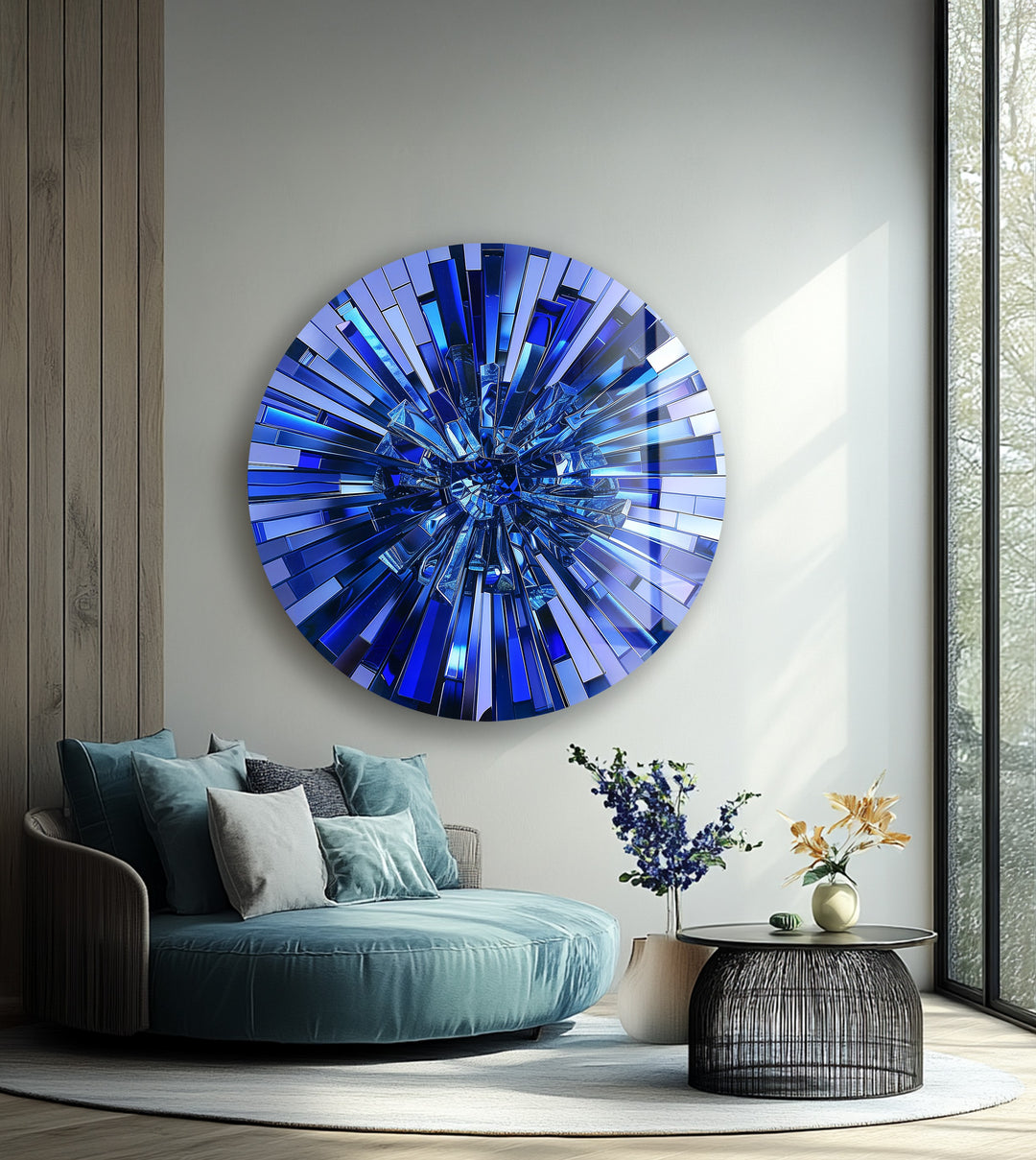 Sapphire Burst – Modern Blue Mosaic Round Glass Wall Art