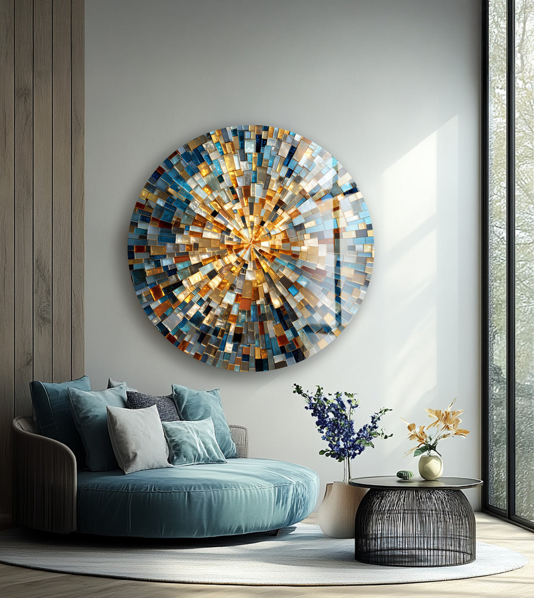 Radiant Skyline Mosaic – Round Glass Wall Art